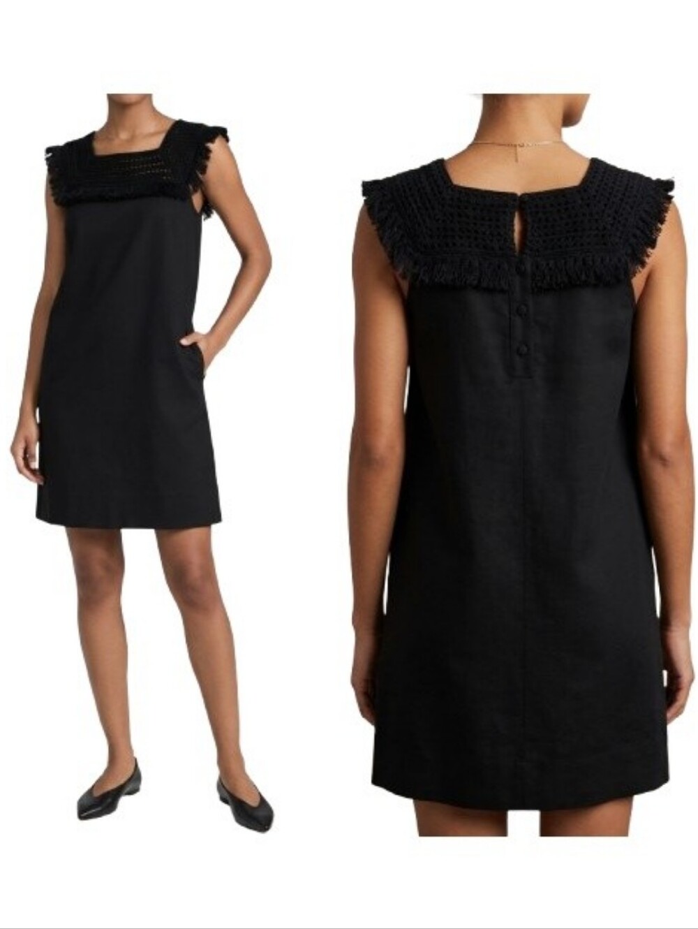 Madewell Black Sundream Fringe Shift Dress Pockets Cotton Knit Crochet Yoke